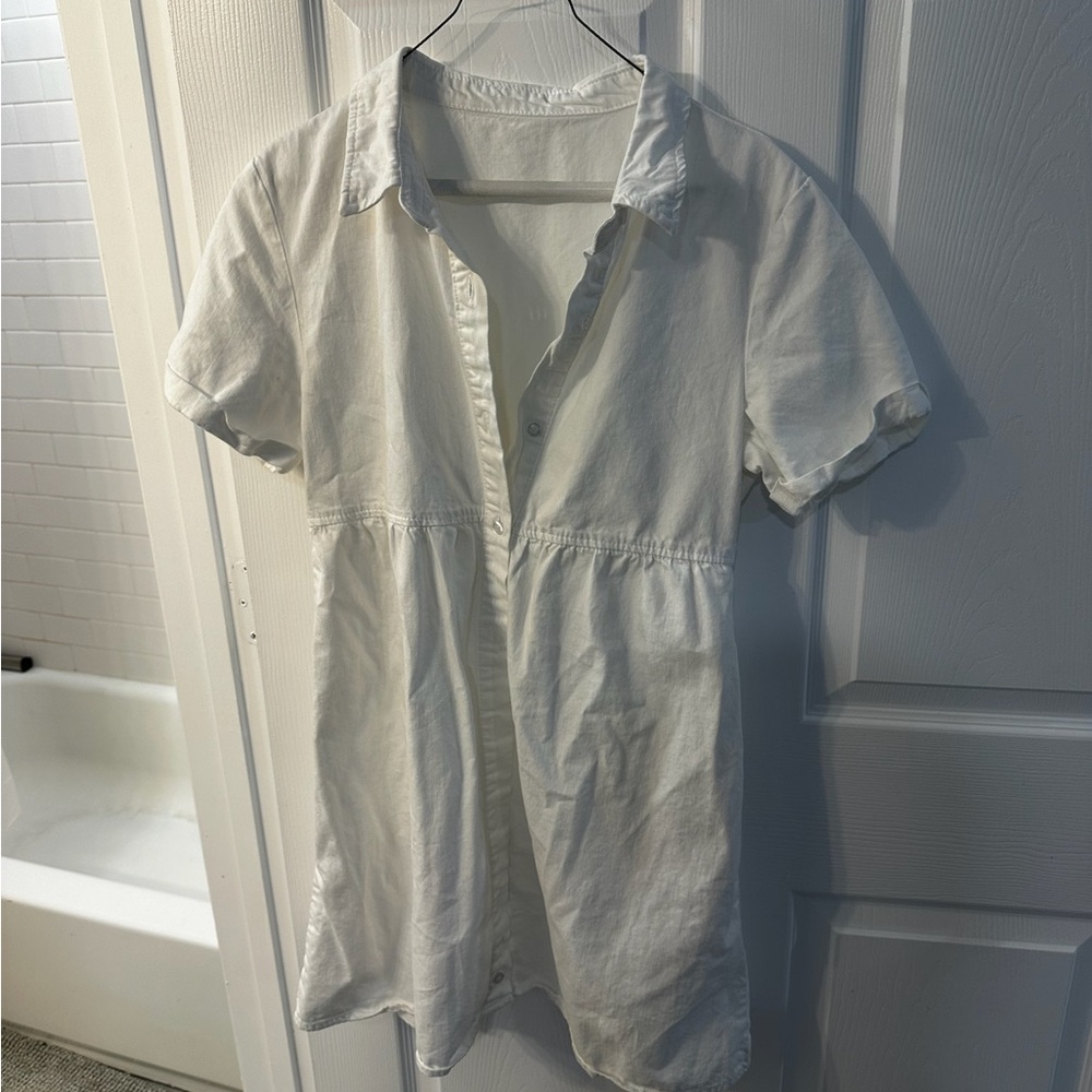 White Short Sleeve Button-Up Dress